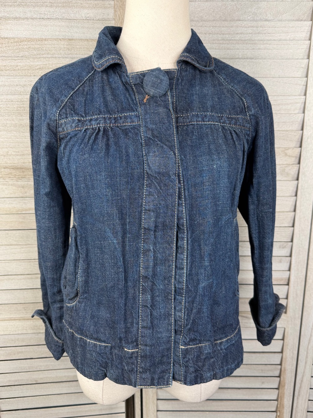 DKNY JEANS Women's Dark Wash Jean Jacket Peter Pan Collar Button Front-XS